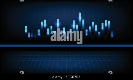Glowing digital bar graph displaying financial data and market trends over a blue grid tech background Stock Vector