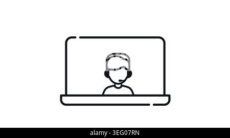 Laptop customer support icon: portable computer with agent wearing headset on screen, minimalist black line art vector illustration for help desk. Stock Vector