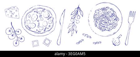 Italian food pizza and pasta hand drawn sketch. Mediterranean cuisine, mediterranean pasta types line doodle. Farfalle, fusilli, fettuccine, linguine. Vector illustration Stock Vector
