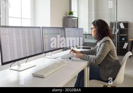 Female accountant analyzing spreadsheets on multi monitor workstation in office Stock Photo