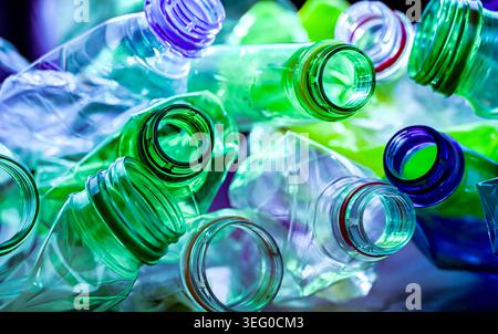 Empty colored drink bottles. Recyclable plastic waste. Stock Photo