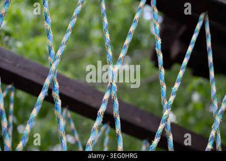 Close-up shot of multi-colored braided ropes stretched in a diamond crisscross pattern on a dark wooden frame, with blurred green foliage in the backg Stock Photo