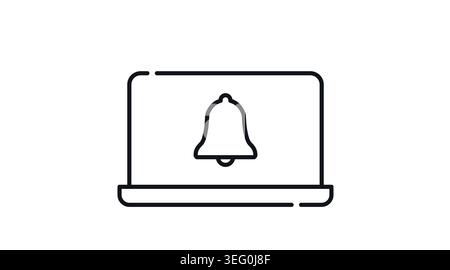 Laptop notification and system alert icon: portable notebook computer with notification bell on screen, minimalist black line art vector illustration. Stock Vector