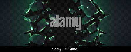 Abstract background with flying green glass shards. Shattered crystal elements design. Vector illustration. Stock Vector