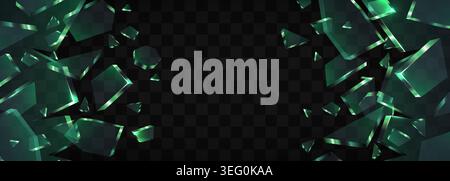 Abstract background with floating green glass shards. Broken crystal fragments on dark background. Vector illustration Stock Vector