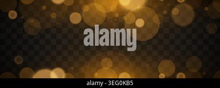 Golden bokeh light particles on dark background. Abstract glowing festive overlay effect. Vector illustration Stock Vector