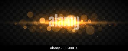 Golden light flare with glowing bokeh particles. Abstract sparkling effect on dark background. Vector illustration Stock Vector