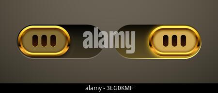 Modern golden toggle switches for user interface design. Glossy metallic button for web app. Vector illustration Stock Vector