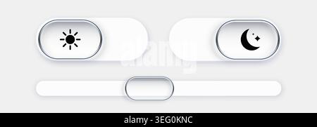 Neumorphic UI toggle switches and slider control for modern app interface design. Vector illustration Stock Vector