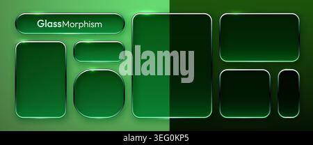 Green glassmorphism UI elements and frames for modern digital interface and web design. Vector illustration Stock Vector