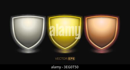 Three Shiny Metallic Shields with Neon Glow, representing premium quality, protection, and achievement. Vector illustration Stock Vector