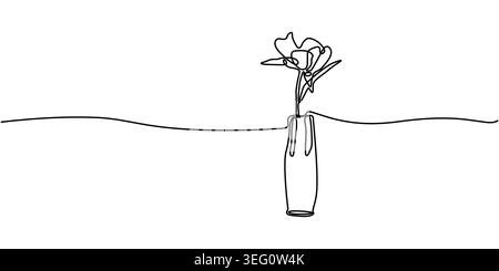 Continuous line drawing of flower in minimalist vase, black and white single line art vector illustration of home decor bloom. Stock Vector
