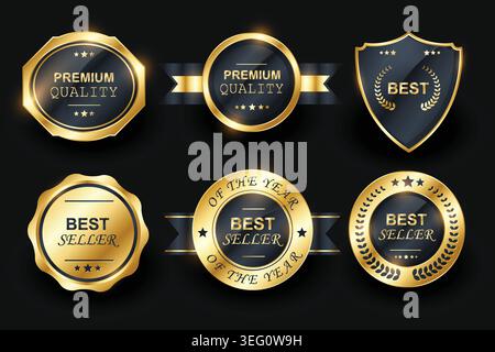 Best seller premium badges with golden label effect, luxury award emblem and elegant promotional design. Shiny gold bestseller stickers Stock Vector