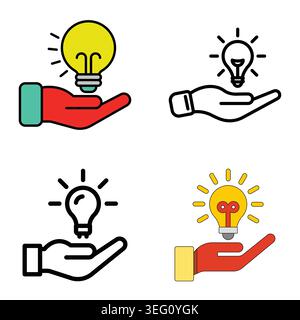 Light bulb in hand concept vector line icons set Stock Vector