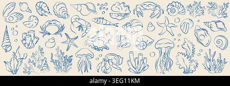 Hand-drawn underwater sea animals, corals, seaweed, shells, mollusk, jellyfish, crab collection im line art doodle style Stock Vector