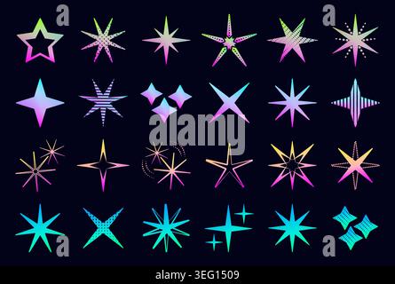 Y2K stars and sparkles neon futuristic icon set, vector cyberpunk sparks sign collection, retro abstract flash symbols, holographic glow different shi Stock Vector
