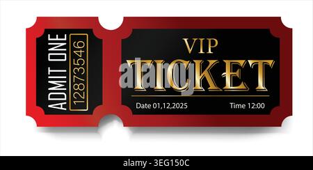 VIP ticket vector. Premium event ticket. Luxury admission ticket. Golden entrance ticket. Cinema VIP pass. Elegant ticket design template. Stock Vector