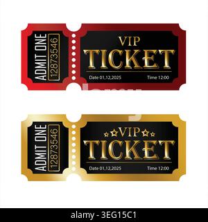 VIP ticket vector. Luxury admission ticket. Premium event ticket. Golden cinema ticket. Entrance pass ticket. VIP ticket template design. Stock Vector
