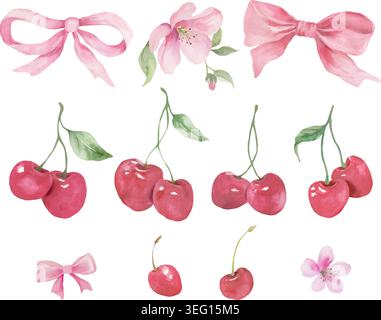 Hand Painted Watercolor Cherry Coquette Clipart Set with Ripe Red Cherries, Pink Ribbon Bows, Cherry Blossoms Isolated on White Background. Vector EPS Stock Vector