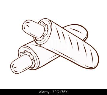 French hot dogs with sausages in baguette buns. Vector illustration in clean hand drawn line art style. Fast food snack element for street food menus, Stock Vector