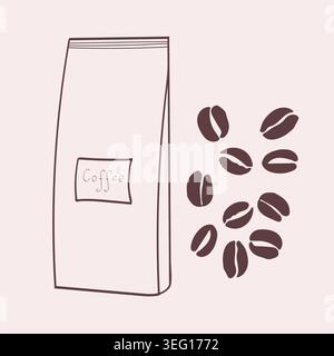 Coffee beans pack and roasted seeds line art. Coffee bag doodle vector icon. Stock Vector