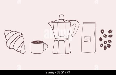 Coffee brewing line art set. Moka pot, beans, cup and croissant doodles. Stock Vector