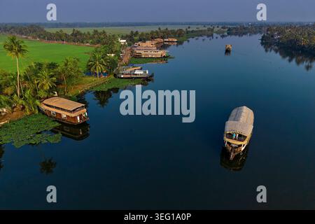 India, Kerala State, Alleppey, backwaters, tourist houseboat built in the style of old rice transport boats, aerial view Stock Photo