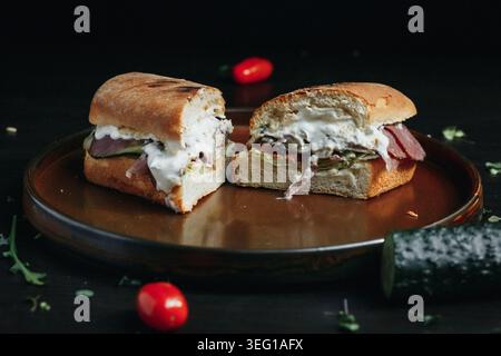 Tasty sandwich cut in half on a rustic plate with cherry tomatoes Stock Photo