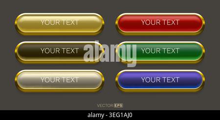 Elegant glossy web buttons with golden frames. A set of modern UI elements in various colors for design. Vector illustration Stock Vector
