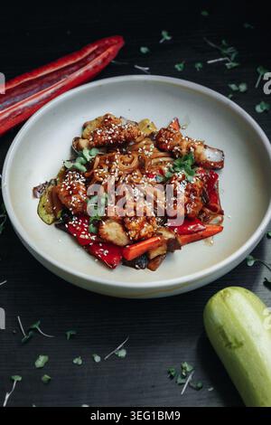 Glossy stir-fry in a white bowl, accented by red peppers, zucchini, and herbs Stock Photo