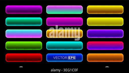 Neon gradient buttons set. Vibrant UI elements with glowing effect on a black background. Vector illustration. Stock Vector