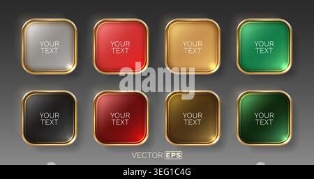 Set of elegant glossy buttons with golden metallic frames. Featuring various colors for modern UI design. Vector illustration. Stock Vector