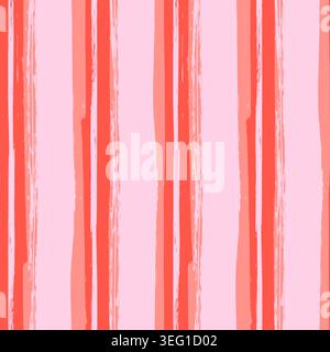 Vector seamless pattern. Vertical red and pink brush stroke stripes on pink background. Abstract hand drawn paint lines texture for fabric print, wrap Stock Vector
