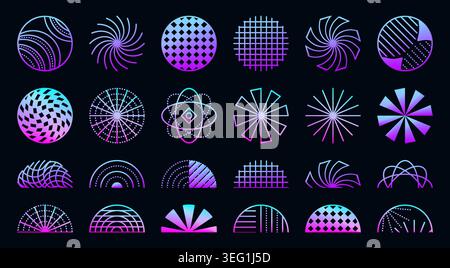 Y2K neon set of circles and semicircles. Futuristic luminescent ultra acid vector radial shapes, gradient vibrant hologram sign collection Stock Vector