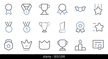 Award Medal and Trophy Cup Line Icons Set Editable Stroke Vector Illustration. Stock Vector