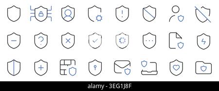 Cyber Security and Shield Protection Line Icons Set Editable Stroke Vector Illustration. Stock Vector