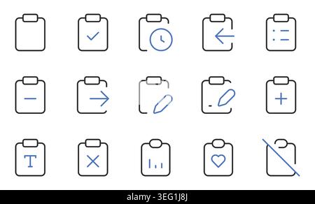 Clipboard Task and Check List Management Line Icons Set Editable Stroke Vector Illustration. Stock Vector