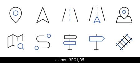 Map Location and Navigation GPS Line Icons Set Editable Stroke Vector Illustration. Stock Vector