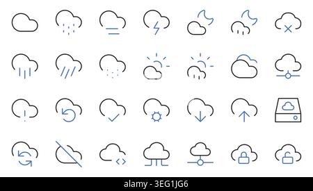 Weather and Cloud Computing Line Icons Set Editable Stroke Vector Illustration. Stock Vector