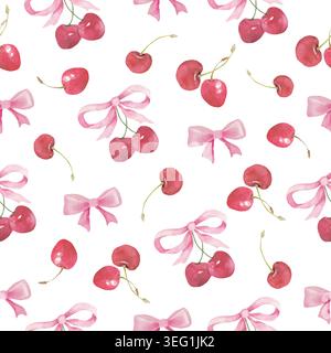 Hand Painted Watercolor Cherry Coquette Seamless Pattern with Pink Ribbon Bows,  Ripe Red Cherries on White Background. Vector EPS. Stock Vector