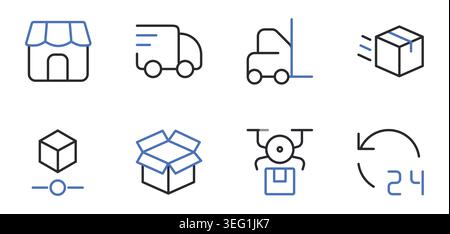 Shipping Delivery and Logistics Line Icons Set Editable Stroke Vector Illustration. Stock Vector
