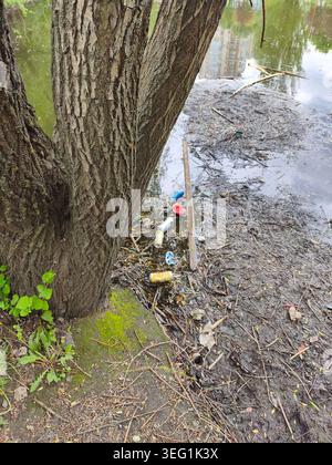 Pond pollution. Trash, aluminum cans, and bottles float in the water near the lake shore, next to trees. Stock Photo