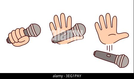 Mic drop cartoon drawing. Hand holding and dropping microphone. Simple vector clipart illustration. Stock Vector