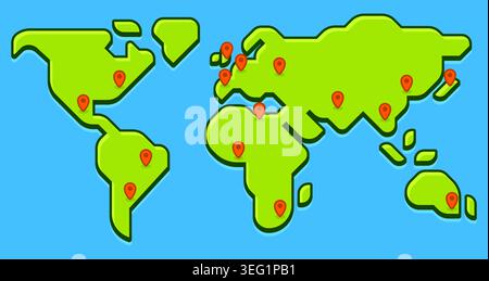 Stylized world map with pins on main capital cities. Simple flat vector illustration. Business and worldwide global communication. Stock Vector