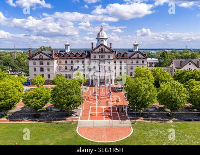 An aerial drone photograph of Widener University's Old Main building in Chester, Delaware County, Pennsylvania, a Victorian-era red or dark brick stru Stock Photo