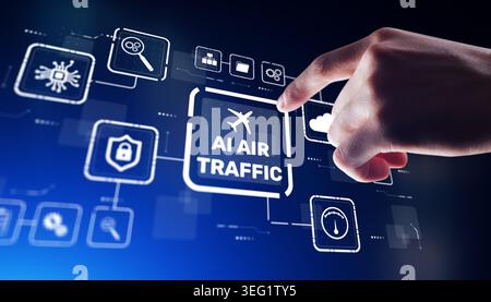 A businessman interacts with a glowing AI icon on a futuristic digital interface dashboard. Stock Photo
