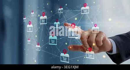 Illustration of a global network showing store icons with location markers connecting various countries Stock Photo