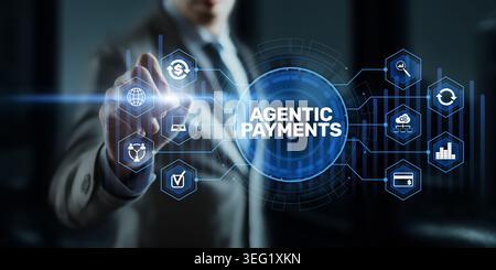 Agentic Payments Intelligent Finance Network with AI Driven Transactions Interface Businessman Touching Virtual Dashboard Screen Digital Banking Techn Stock Photo