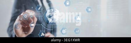 Global Business Network Management with Digital Data Connections and Analytics Visualization. Stock Photo