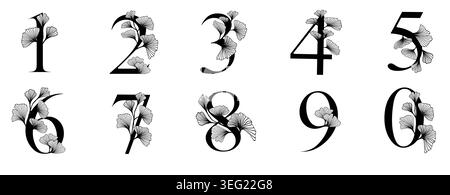 Ginkgo biloba leaves alphabet number. Badge and icon in trendy linear hand drawn style. Vector number and ginkgo branch. Illustration for cosmetics Stock Vector
